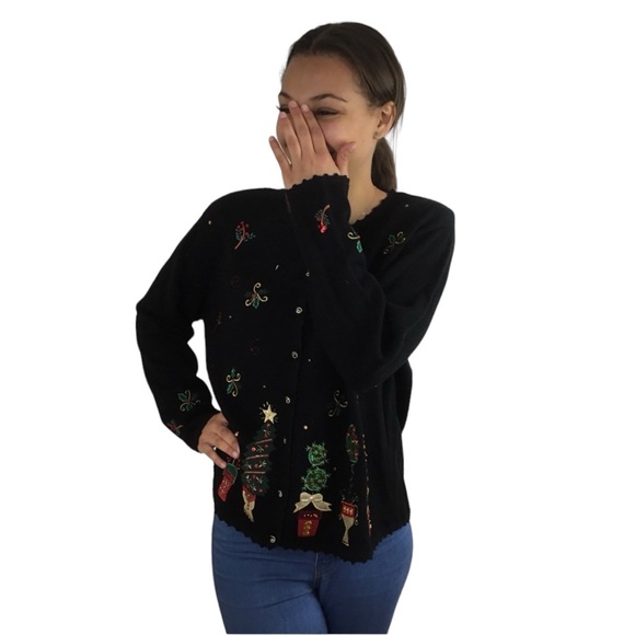 Embellished Black Christmas Tree Cardigan VTG - Picture 2 of 10